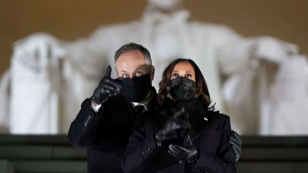 PHOTO:Vice-President Kamala Harris and her husband Doug Emhoff attend the "Celebrating America" event at the Lincoln Memorial in Washington, Jan. 20, 2021.