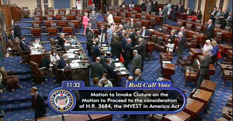 PHOTO: A video still shows the motion to invoke Cloture on the U.S.Senate floor during discussion of bipartisan support for the Infrastructure programs on Capitol Hill, July 28, 2021.