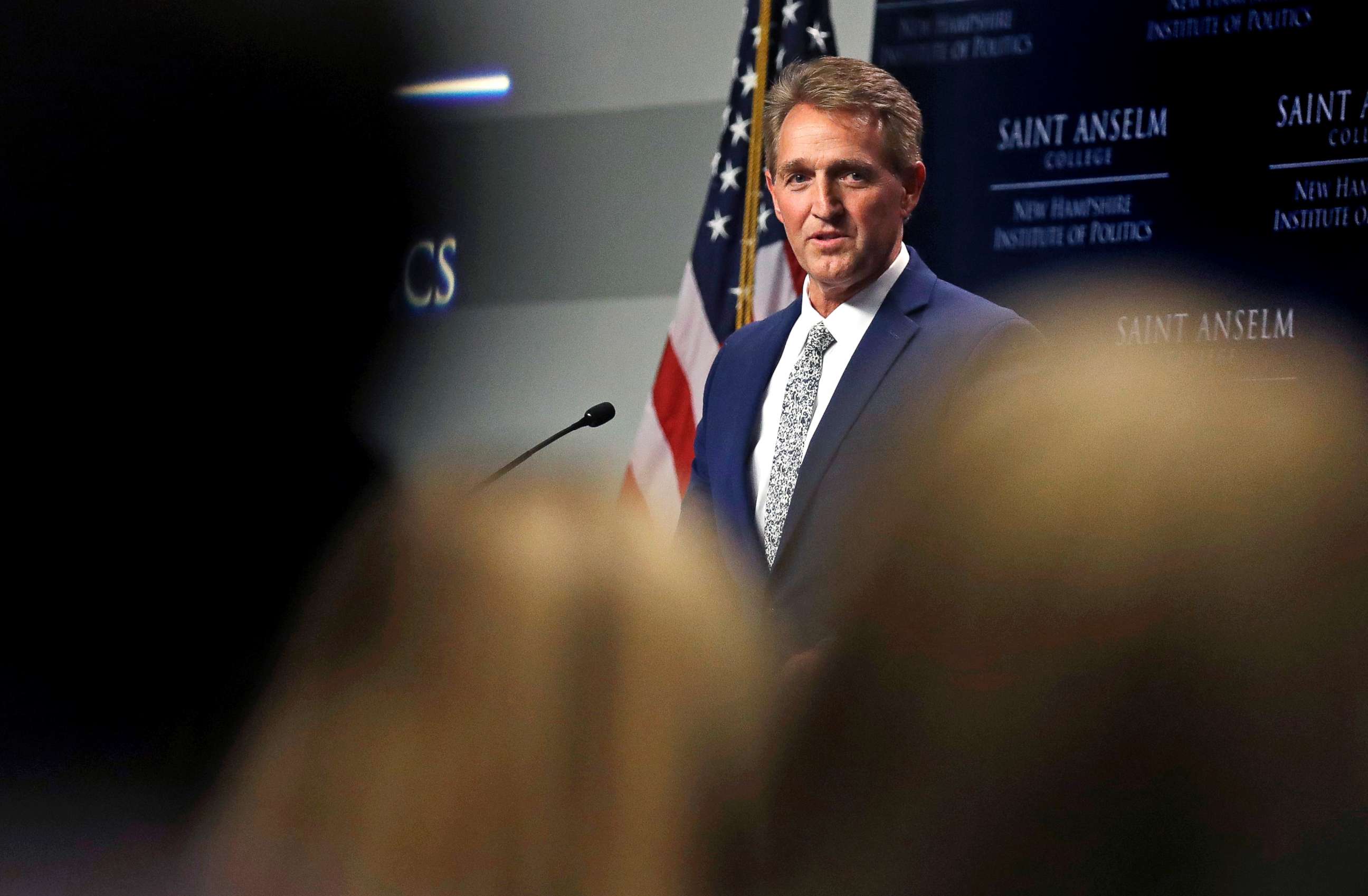 PHOTO: Sen. Jeff Flake addresses a gathering in Manchester, N.H., Oct. 1, 2018.