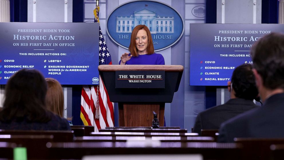 PHOTO:White House Press Secretary Jen Psaki conducts her first news conference of the Biden Administration in the Brady Press Briefing Room at the White House, Jan. 20, 2021.