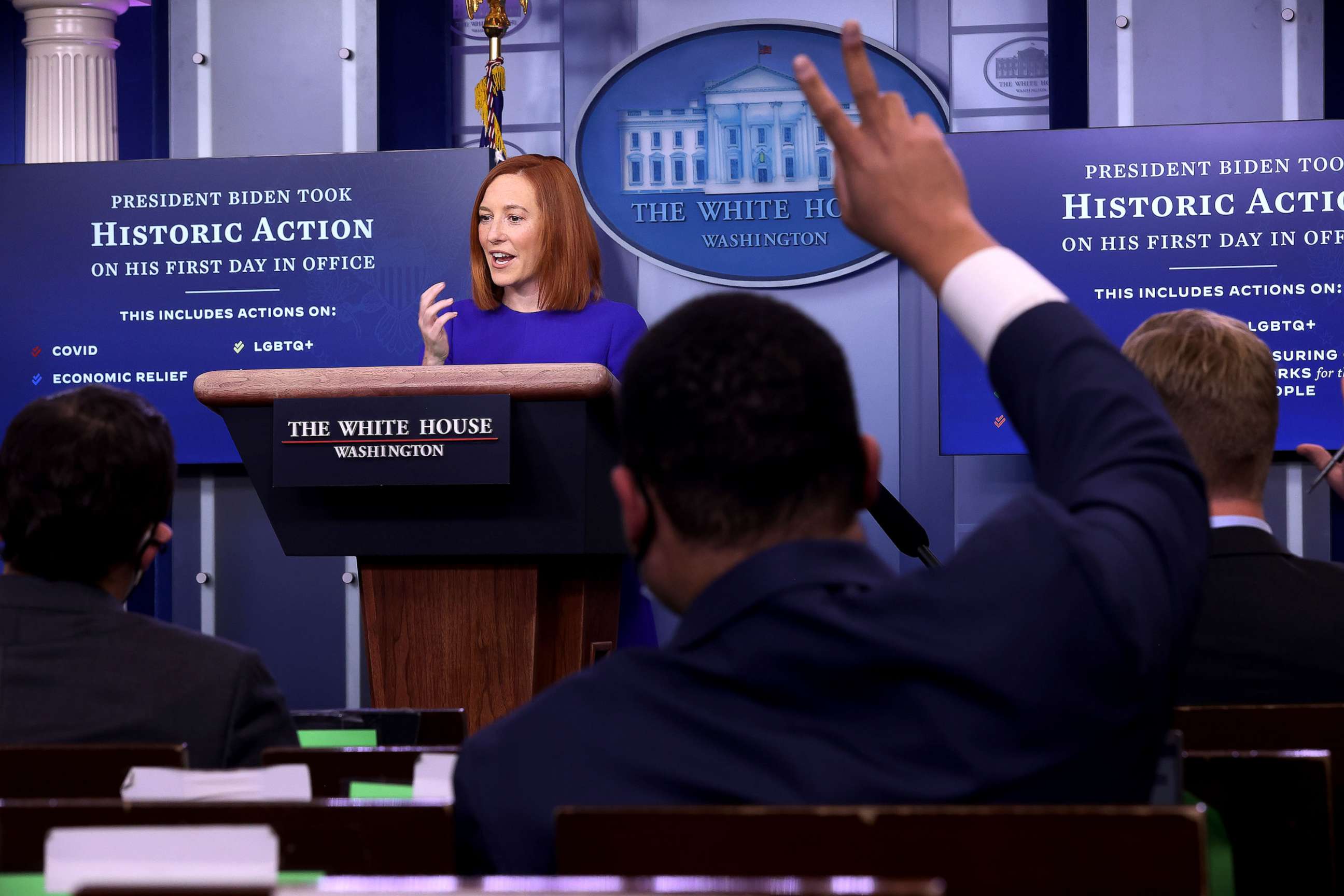 PHOTO: White House Press Secretary Jen Psaki conducts her first news conference of the Biden Administration in the Brady Press Briefing Room at the White House Jan. 20, 2021.