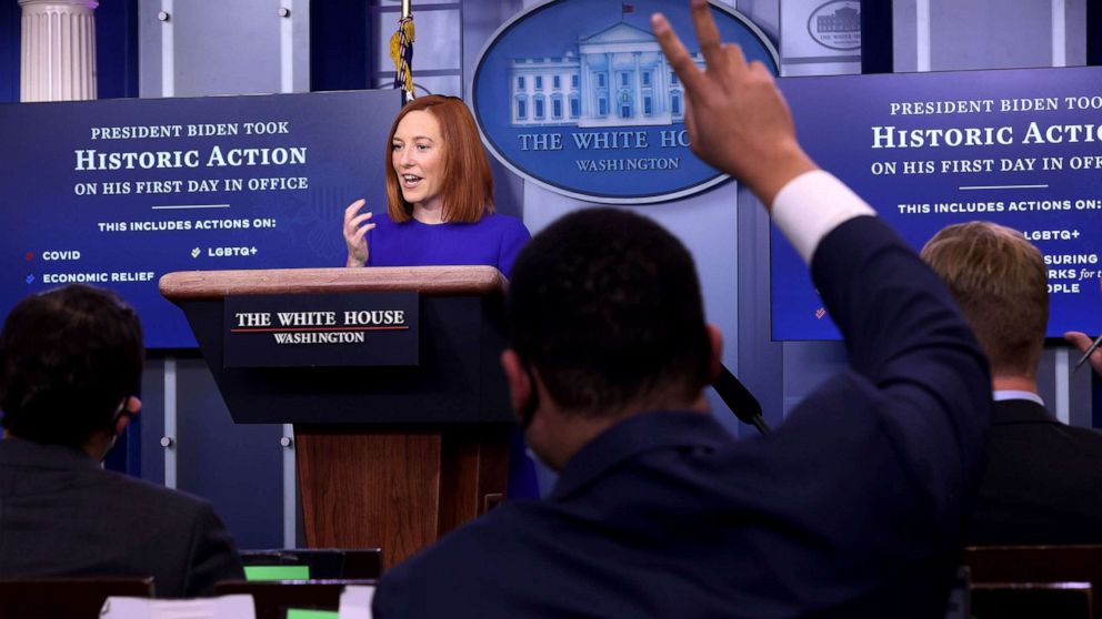 PHOTO: White House Press Secretary Jen Psaki conducts her first news conference of the Biden Administration in the Brady Press Briefing Room at the White House Jan. 20, 2021.