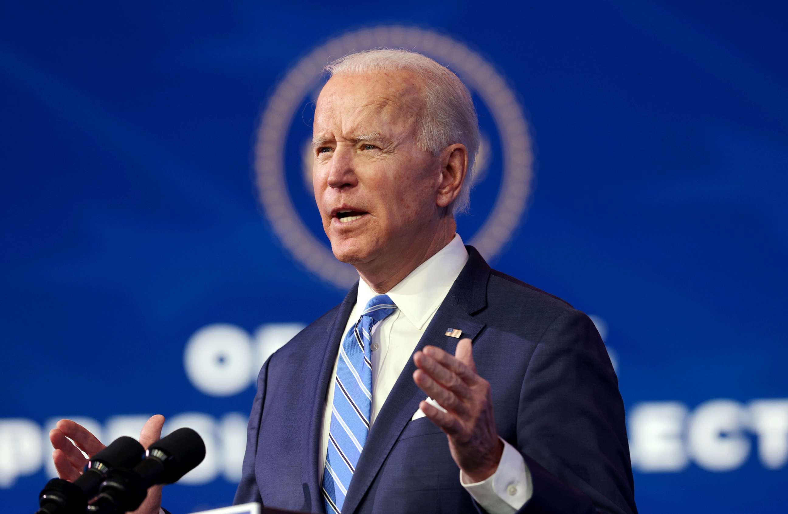 PHOTO: President-elect Joe Biden speaks as he lays out his plan for combating the coronavirus and jump-starting the national economy at the Queen theater Jan. 14, 2021 in Wilmington, Del.