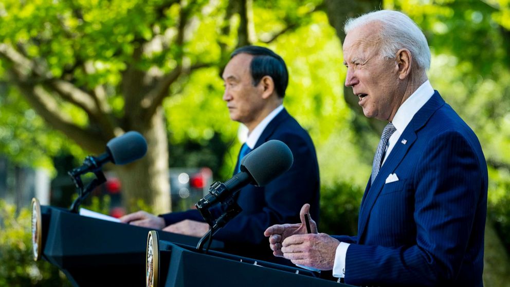 PHOTO: President Joe Biden and Prime Minister Yoshihide Suga of Japan hold a news conference in the Rose Garden of the White House on April 16, 2021.