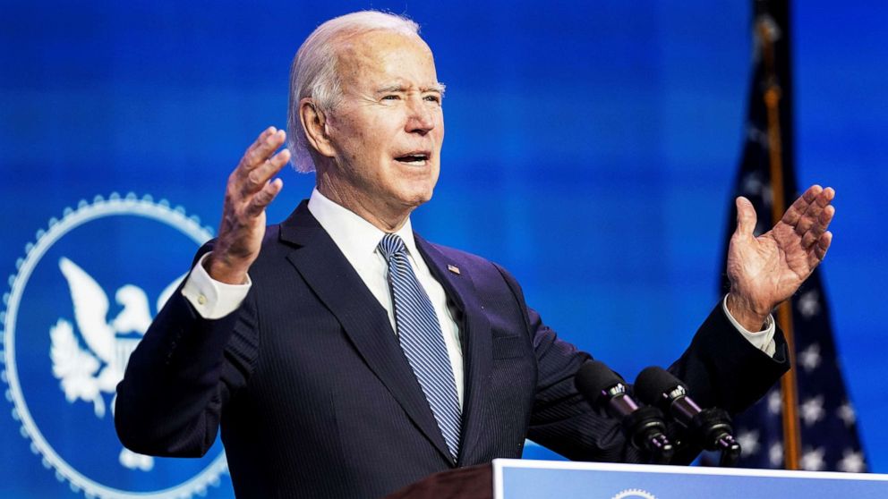 PHOTO: President-elect Joe Biden speaks as he announces his Justice Department nominees at his transition headquarters in Wilmington, Del., Jan. 7, 2021.