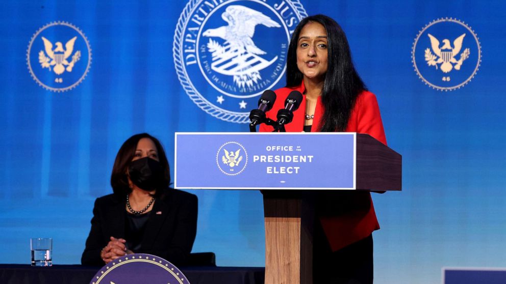 PHOTO:  Vice President-elect Kamala Harris looks on as Vanita Gupta delivers remarks after being nominated to be U.S. associate attorney general by President-elect Joe Biden in Wilmington, Del., Jan. 7, 2021.