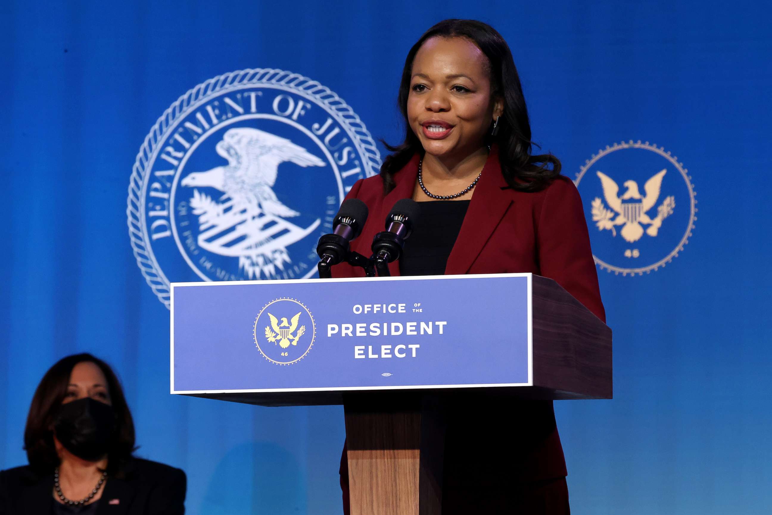 PHOTO: Kristen Clarke delivers remarks after being nominated to be civil rights division assistant attorney general by President-elect Joe Biden at The Queen theater in Wilmington, Del., Jan. 7, 2021