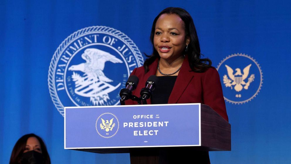 PHOTO: Kristen Clarke delivers remarks after being nominated to be civil rights division assistant attorney general by President-elect Joe Biden at The Queen theater in Wilmington, Del., Jan. 7, 2021