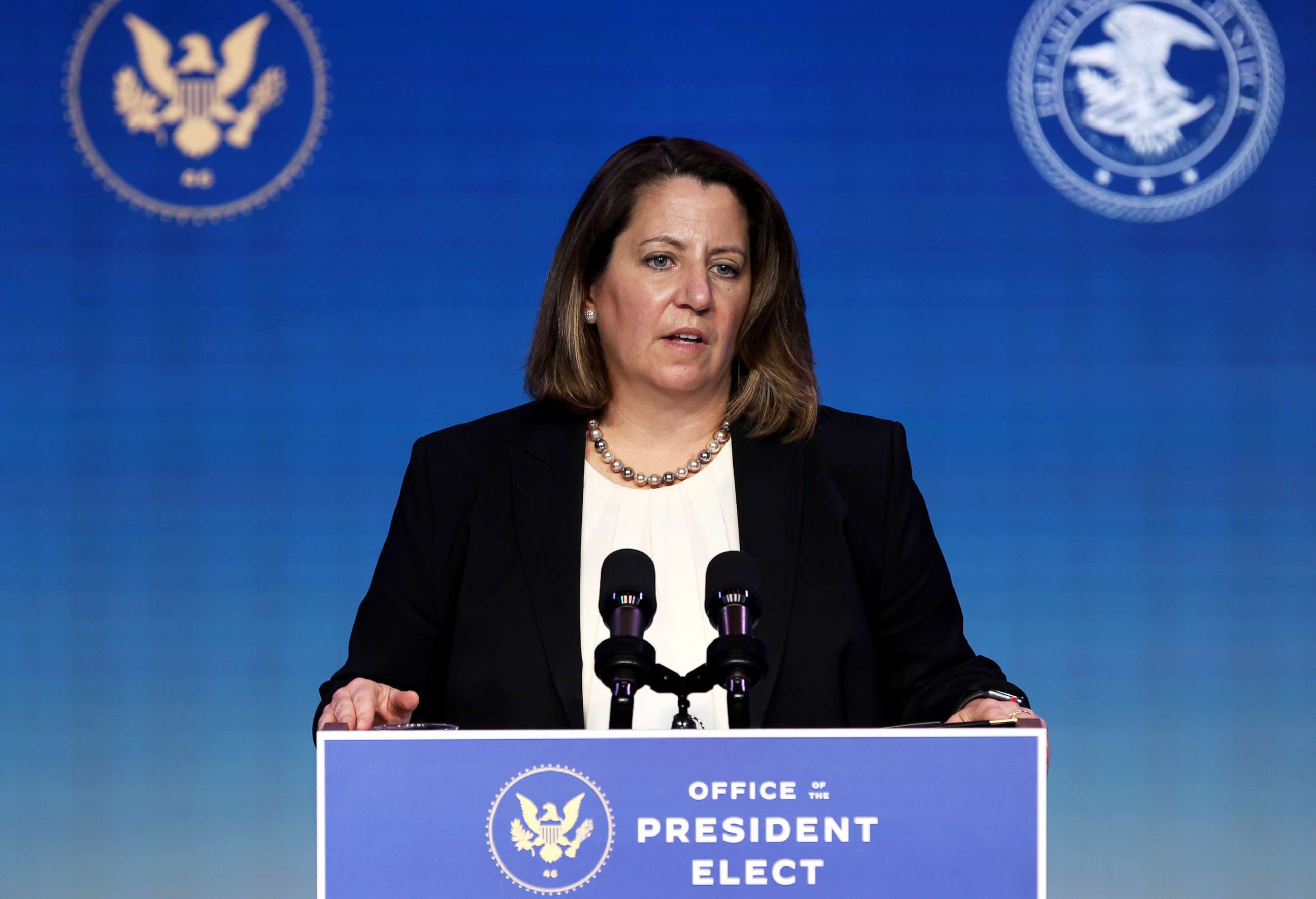 PHOTO: Lisa Monaco delivers remarks after being nominated to be U.S. deputy attorney general by President-elect Joe Biden in Wilmington, Del., Jan. 7, 2021.