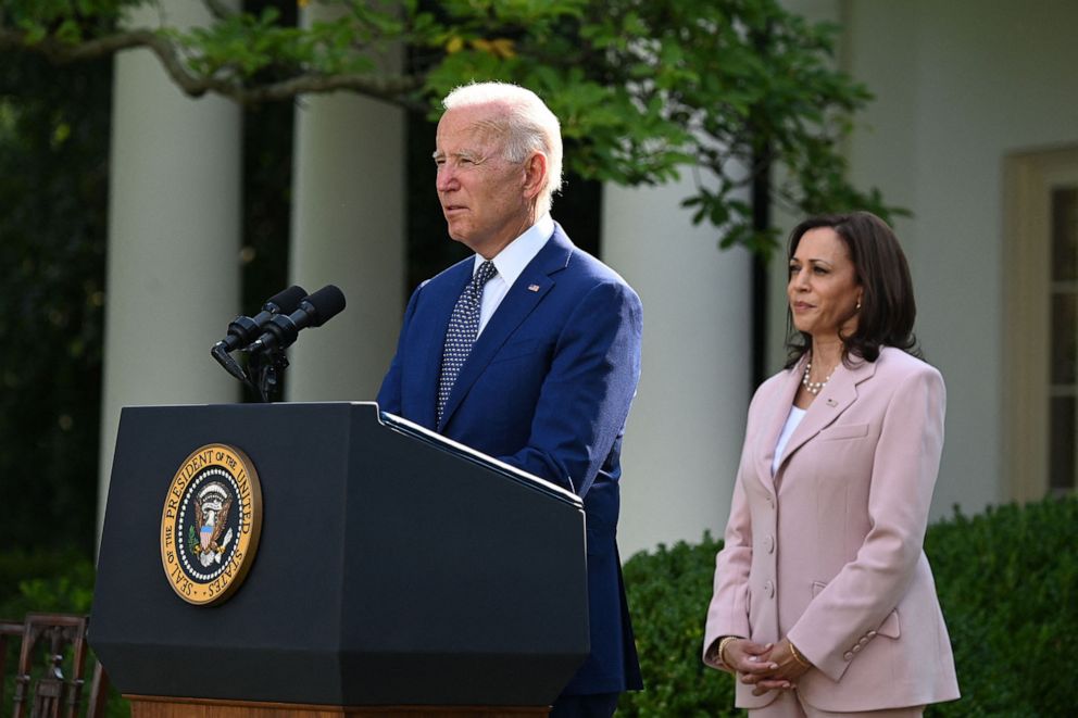 PHOTO:  Vice President Kamala Harris listens to President Joe Biden in the Rose Garden of the White House in Washington, Aug. 5, 2021,