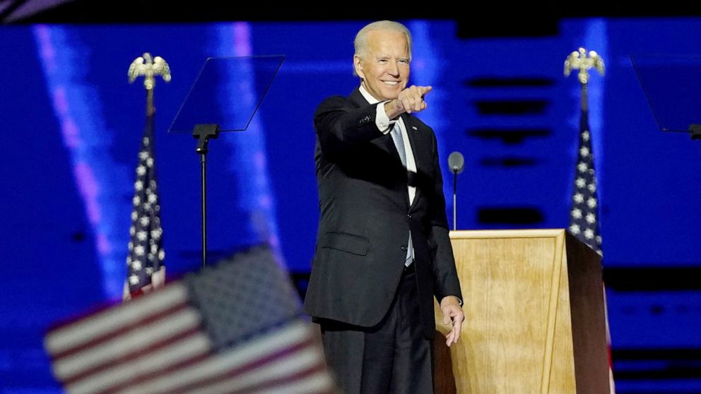PHOTO: President-elect Joe Biden addresses the nation from the Chase Center in Wilmington, Del., Nov. 7, 2020.