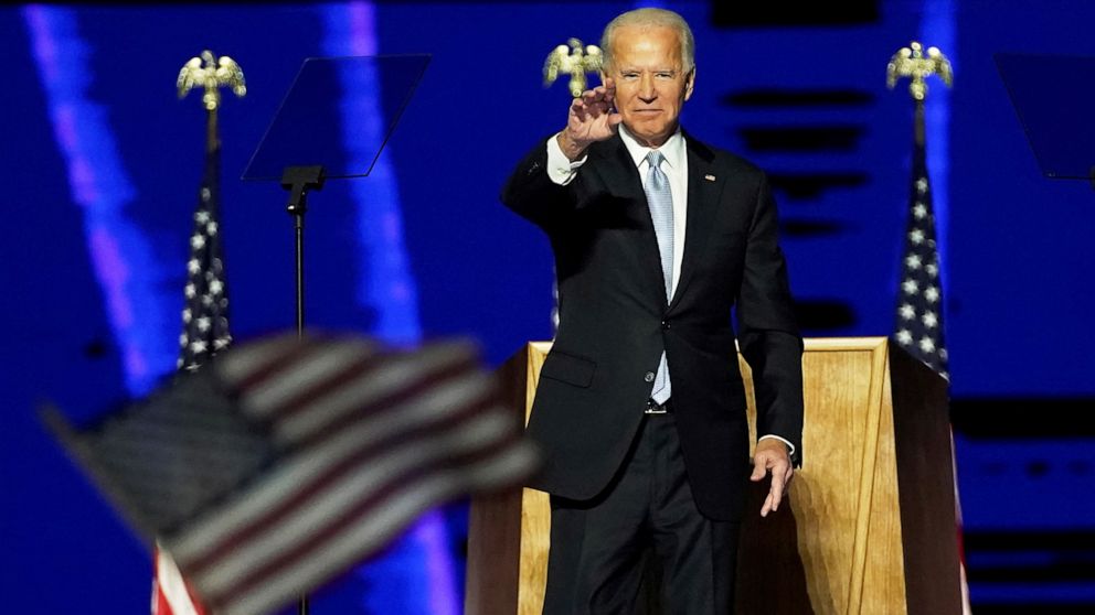 PHOTO: President-elect Joe Biden addresses the nation from the Chase Center in Wilmington, Del., Nov. 7, 2020.