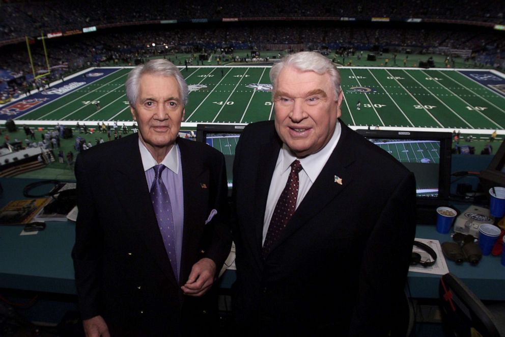 PHOTO: Pat Summerall and John Madden in the broadcast booth together for the last time at Super Bowl XXXVI at the Louisiana Superdome in New Orleans, La., Feb. 3, 2002.