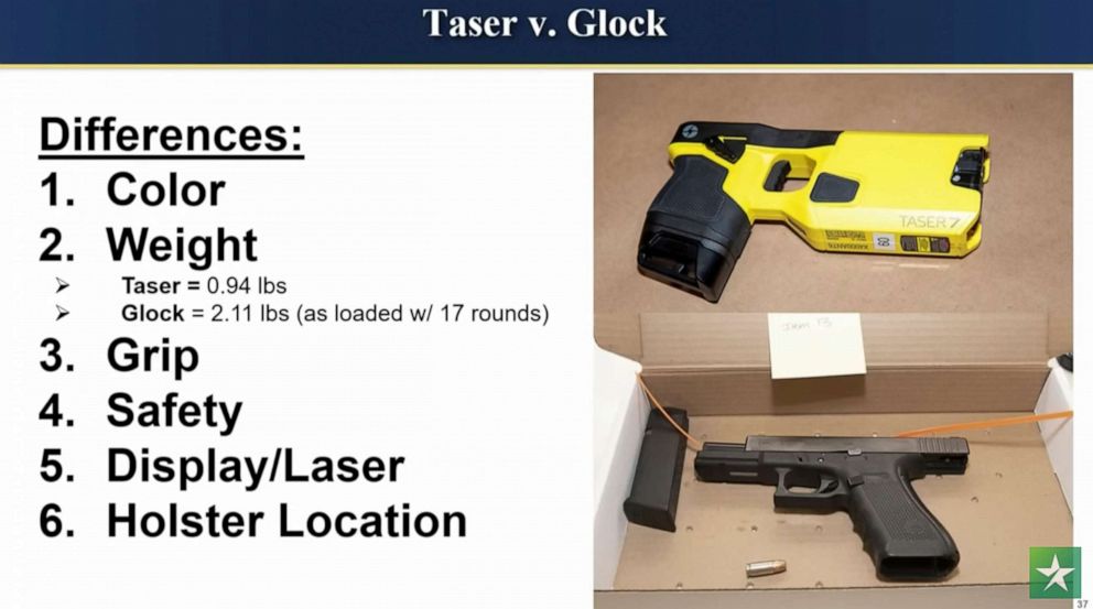 PHOTO: The difference between a Taser and a Glock is shown as the state delivers their opening statement in the trial of former Brooklyn Center police Officer Kim Potter in the April 11, 2021, death of Daunte Wright in Minneapolis, Dec. 8, 2021.