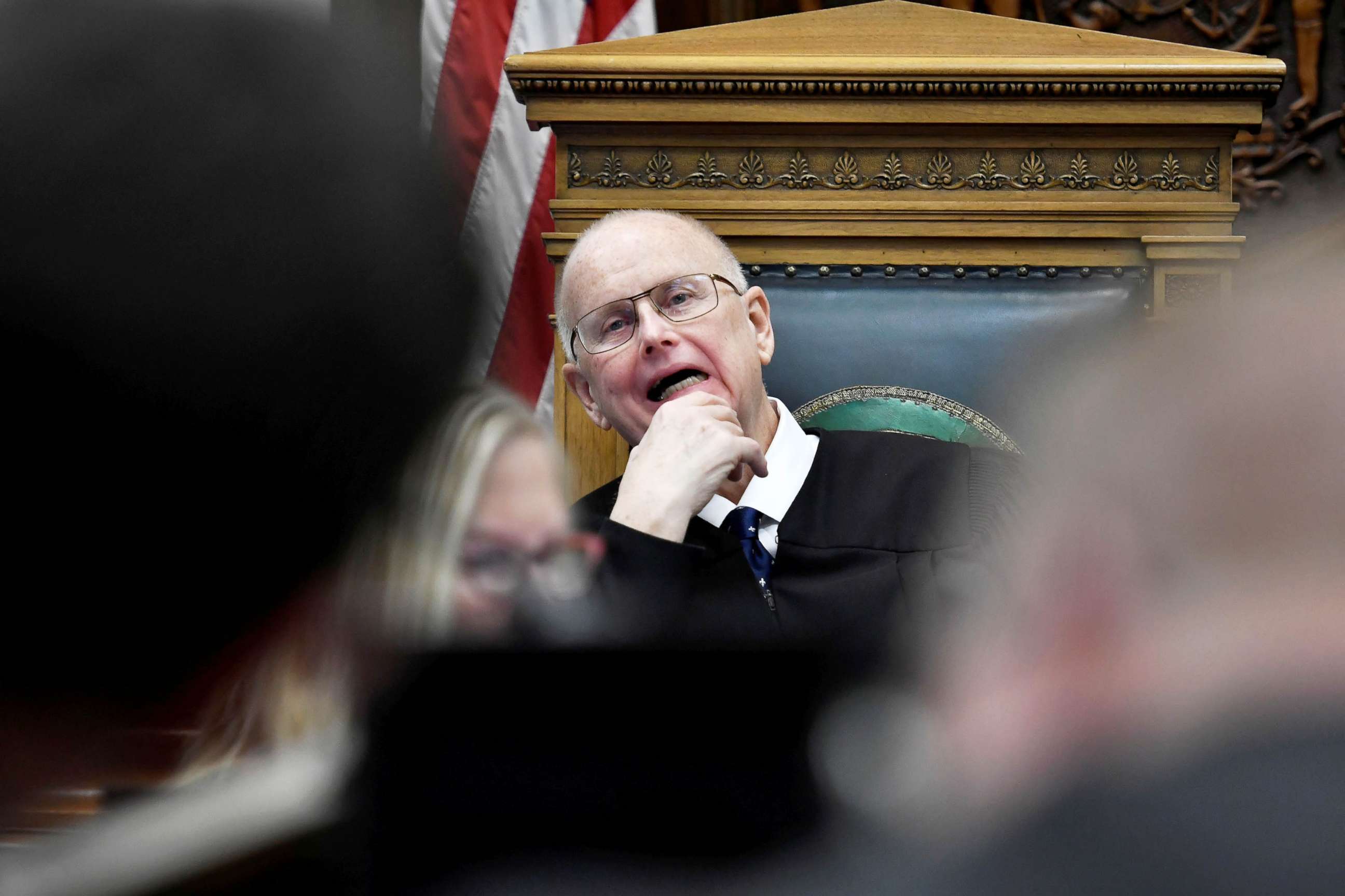 PHOTO: Judge Bruce Schroeder makes a last-minute change to how jury instructions would be received by the jury during Kyle Rittenhouse's trial at the Kenosha County Courthouse, Wis.,  Nov. 15, 2021.