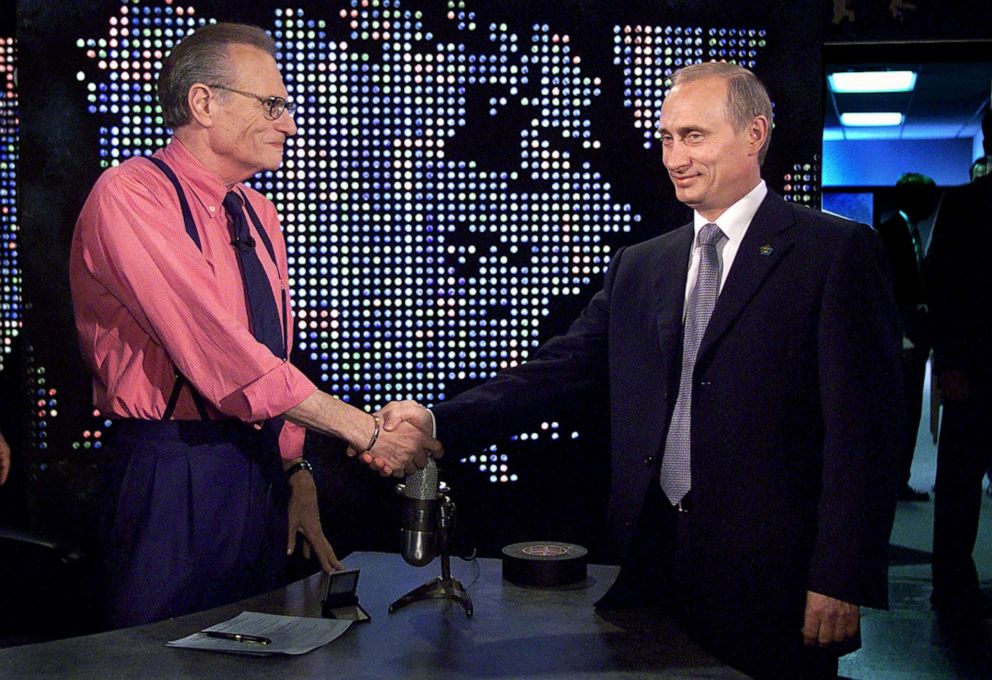 PHOTO: Russian President Vladimir Putin shakes hands with Larry King before a taping of "The Larry King Show" in New York, Sept. 8, 2000.
