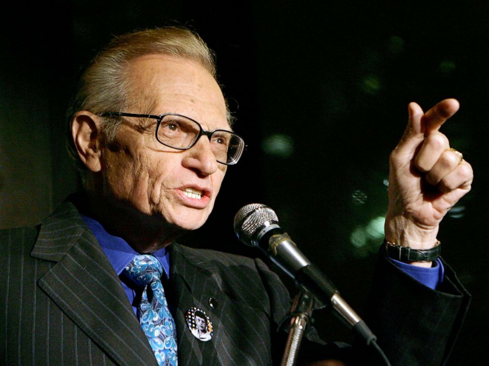 PHOTO: Larry King speaks to guests at a party held by CNN, celebrating King's fifty years of broadcasting in New York, April 18, 2007.