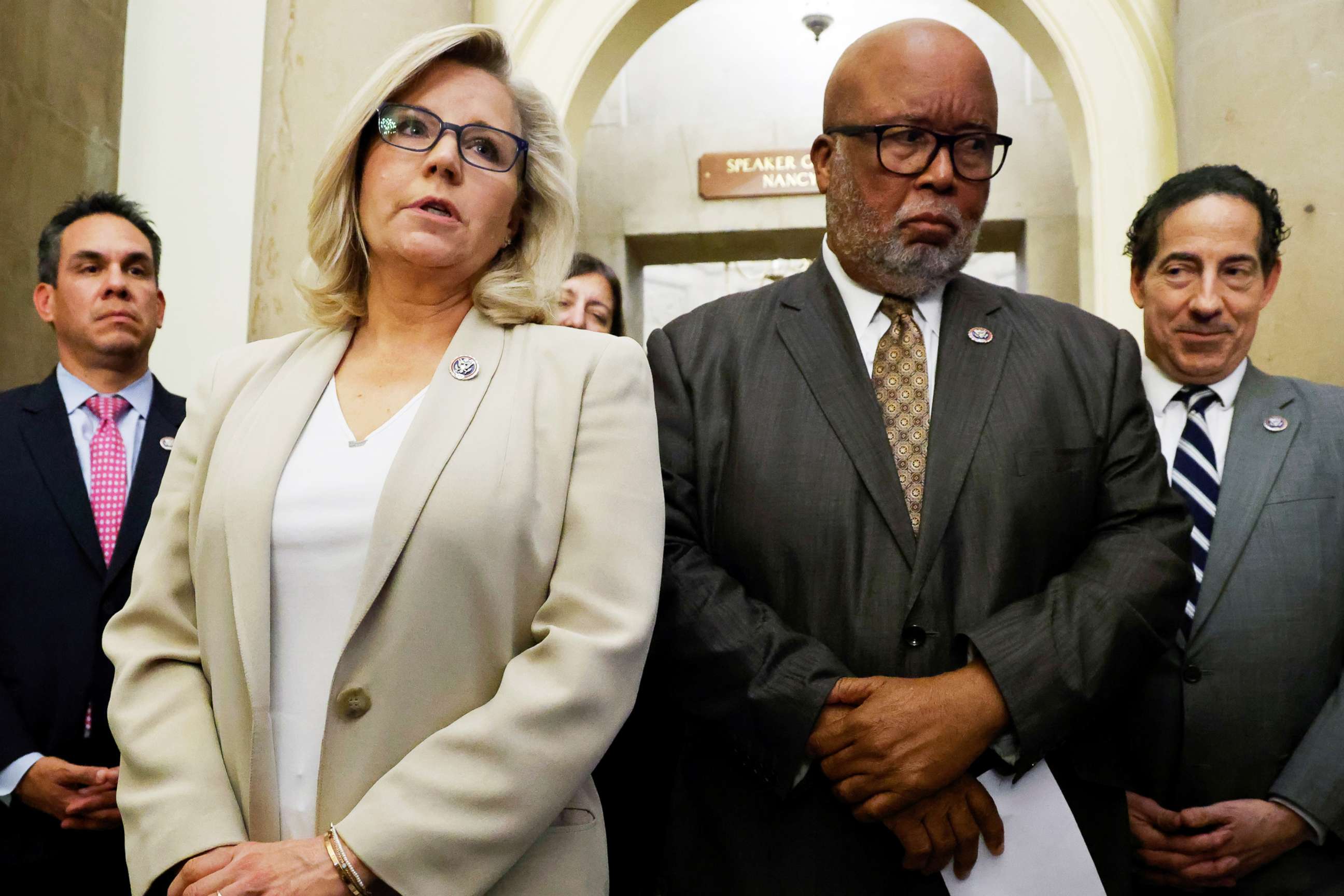 PHOTO: Rep. Liz Cheney, with Chairman Bennie Thompson and members of the Select Committee to Investigate the January 6th Attack on the Capitol speak to reporters after meeting with House Speaker Nancy Pelosi in Washington, July 1, 2021. 