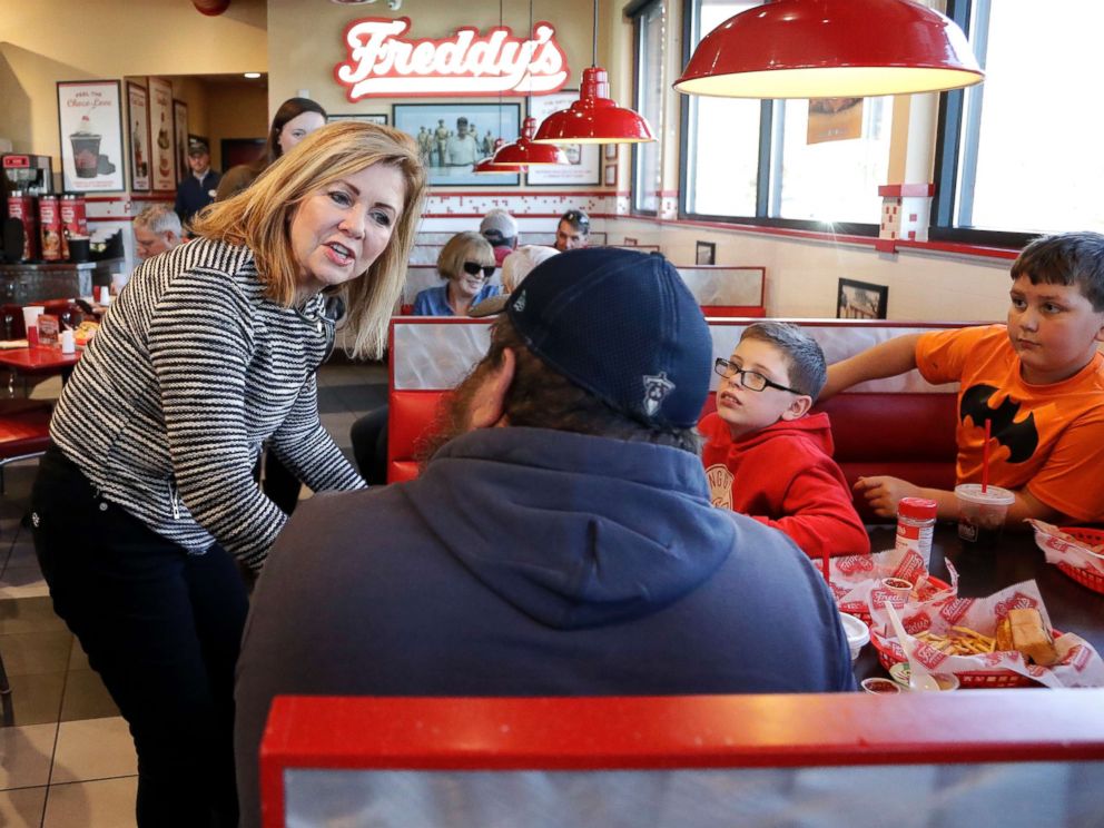 PHOTO: Rep. Marsha Blackburn campaigns at Freddys Frozen Custard & Steakburgers, Nov. 6, 2018, in Clarksville, Tenn.