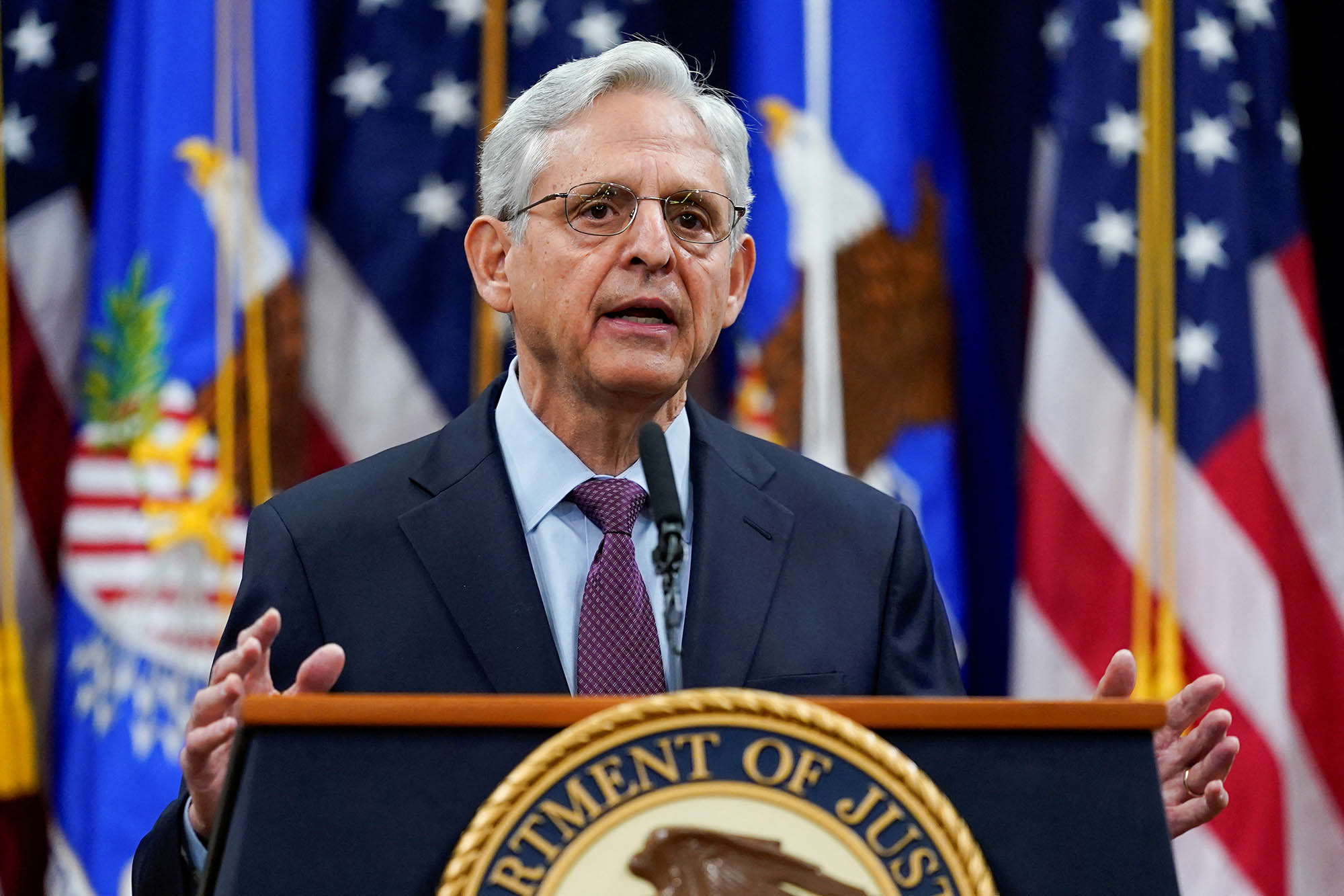 PHOTO: Attorney General Merrick Garland speaks at the Department of Justice,  in advance of the one year anniversary of the attack on the Capitol, in Washington, Jan. 5, 2022.