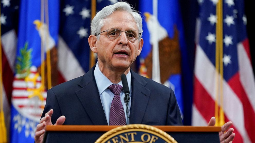 PHOTO: Attorney General Merrick Garland speaks at the Department of Justice,  in advance of the one year anniversary of the attack on the Capitol, in Washington, Jan. 5, 2022.