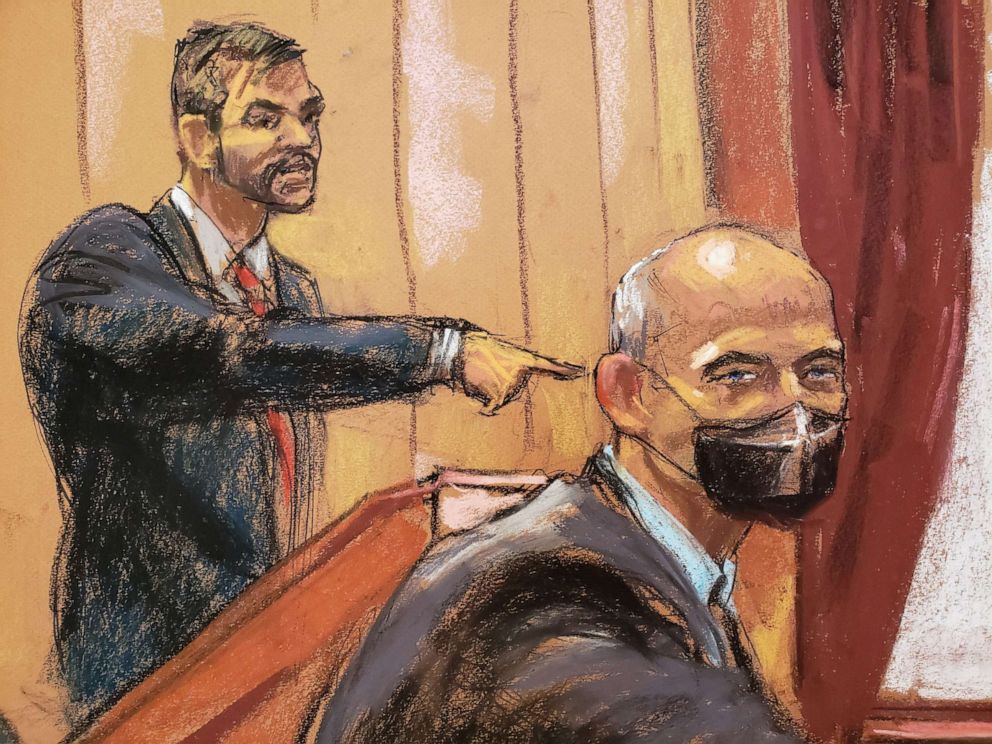 PHOTO: Assistant U.S. Attorney Andrew Rohrbach points to former attorney Michael Avenatti during his criminal trial at the United States Courthouse in New York City, Jan. 24, 2022.