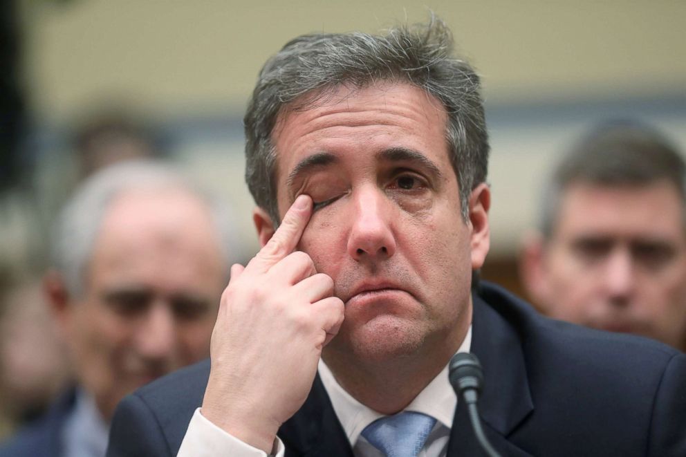 PHOTO: Former Trump personal attorney Michael Cohen reacts emotionally to the concluding statement of committee Chairman Rep Elijah Cummings at the conclusion of testimony on Capitol Hill in Washington, DC, Feb. 27, 2019.