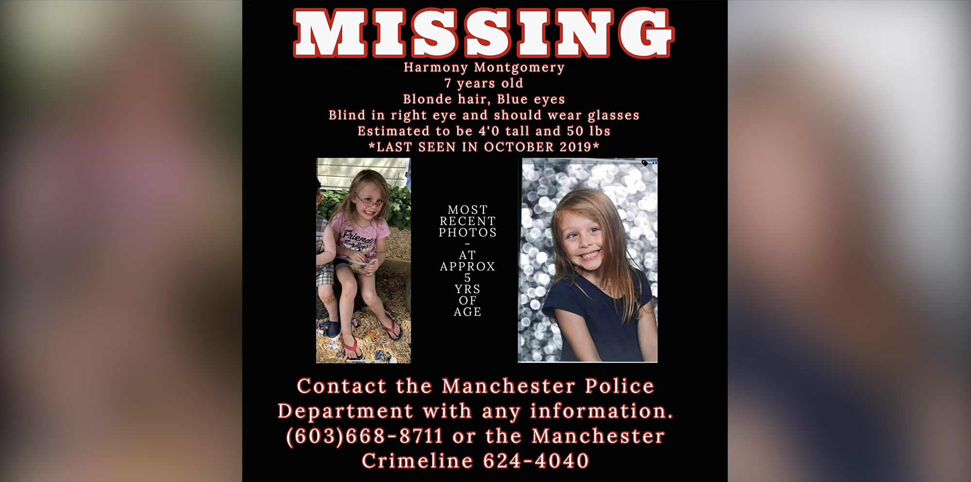 PHOTO: A Missing poster released by police in Manchester N.H. shows images of Harmony Montgomery who has been missing since Oct. 2019.