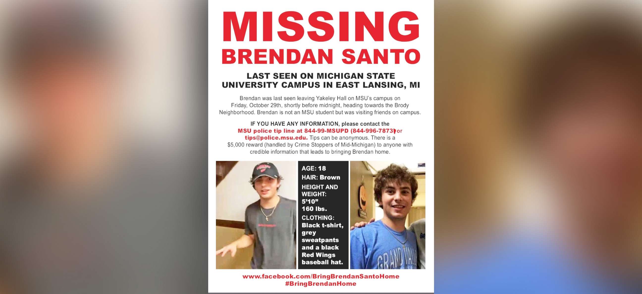PHOTO: 18- year old named Brendan Santo has gone missing after visiting friends at Michigan State.