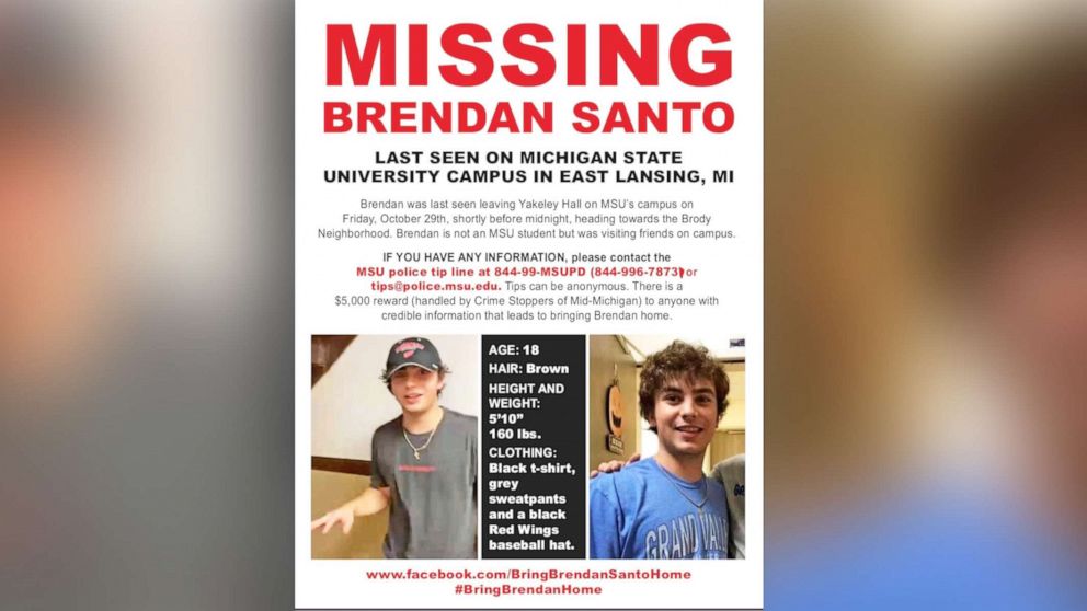 PHOTO: 18- year old named Brendan Santo has gone missing after visiting friends at Michigan State.