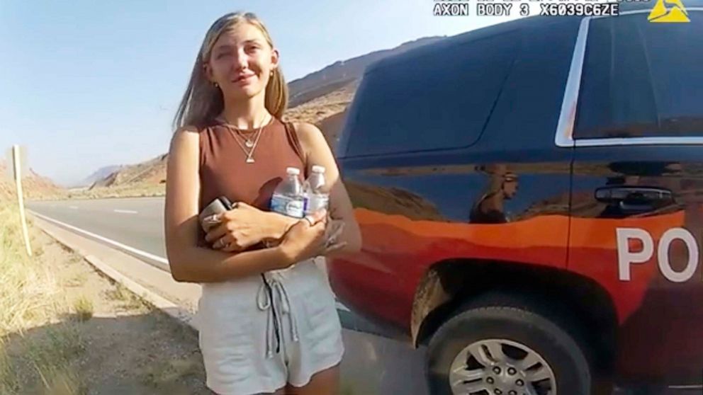 PHOTO: This police camera video provided by The Moab Police Department shows Gabrielle Petito talking to a police officer near the entrance to Arches National Park in Utah, Aug. 12, 2021. 