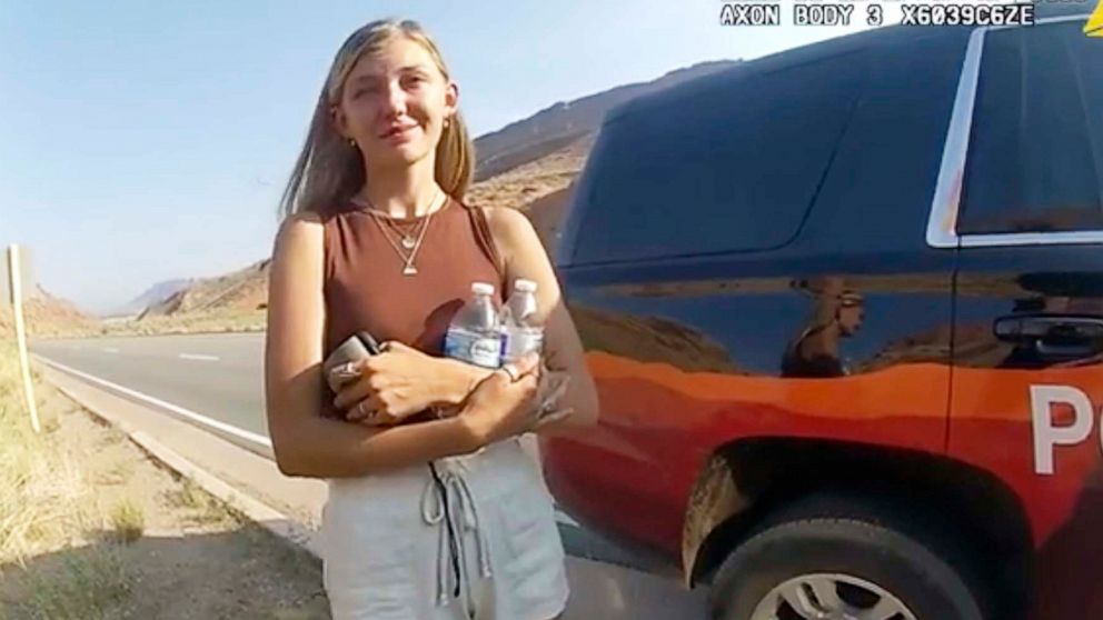 PHOTO: This police camera video provided by The Moab Police Department shows Gabrielle Petito talking to a police officer near the entrance to Arches National Park in Utah, Aug. 12, 2021. 