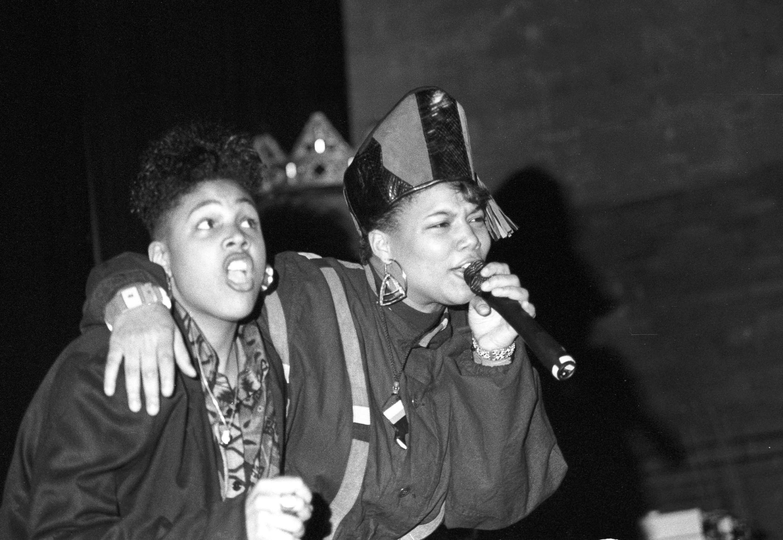 PHOTO: Monie Love and Queen Latifah perform "Ladies First" at Newark Symphony Hall in Newark, N.J., in April 1990.