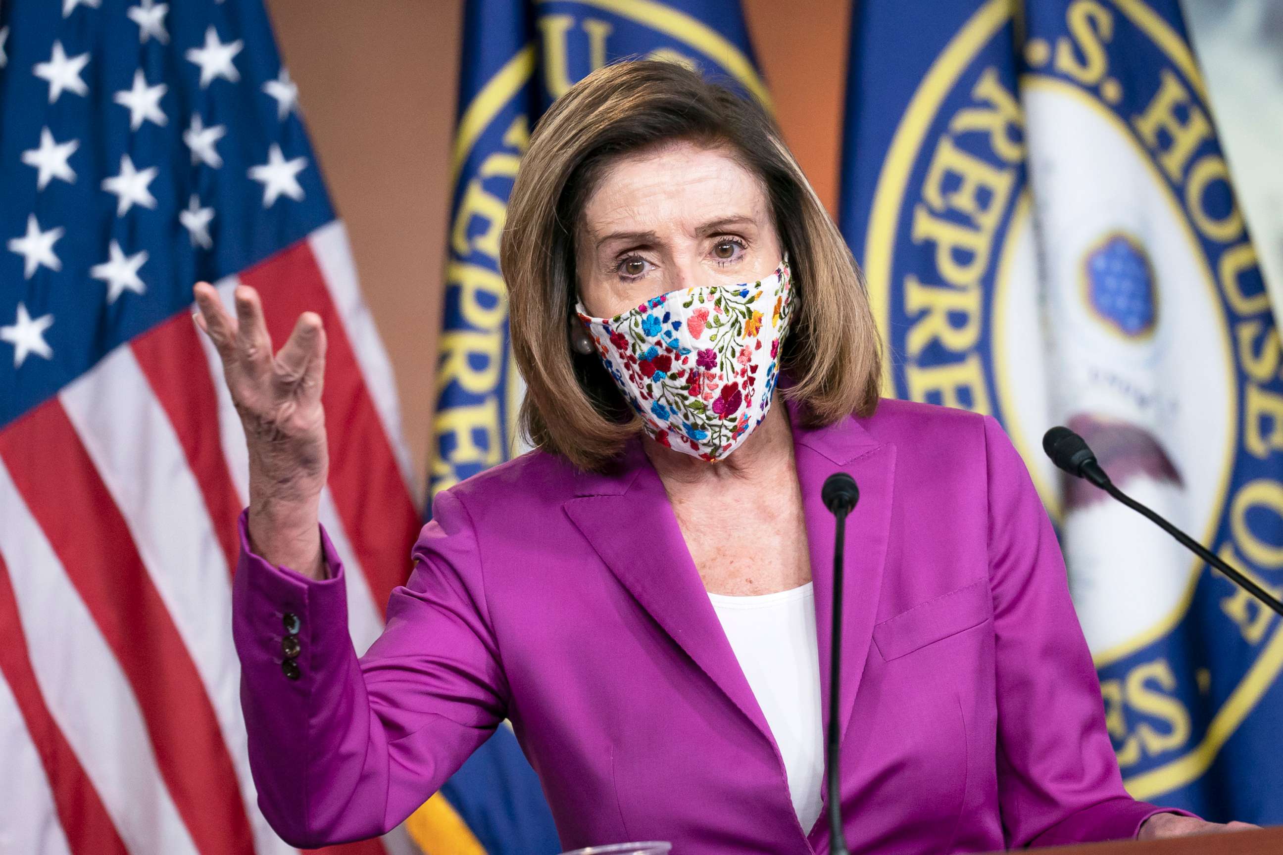 PHOTO: Speaker of the House Nancy Pelosi holds a news conference on the day after violent protesters loyal to President Donald Trump stormed the U.S. Congress, in Washington, Jan. 7, 2021.