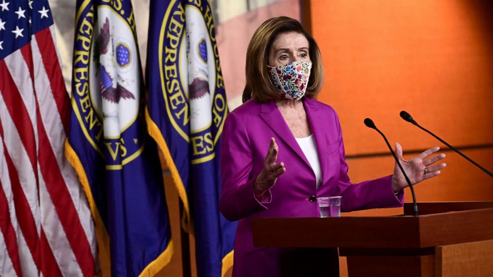 PHOTO:House Speaker Nancy Pelosi speaks to reporters a day after supporters of President Donald Trump occupied the Capitol, during a news conference in Washington, Jan. 6, 2021.