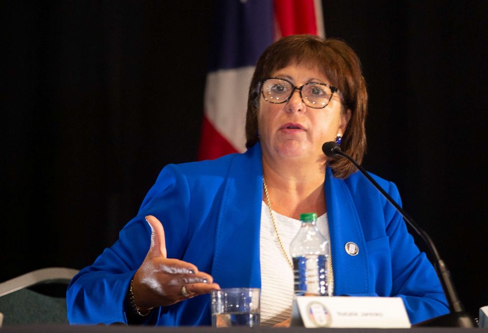 PHOTO: Natalie Jaresko the executive director of the board is speaks on a public hearing on May 27,2021 at San Juan, Puerto Rico.
