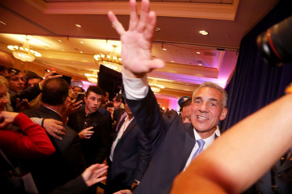 PHOTO: Jack Ciattarelli comes out to address his supporters at 12:30am in Bridgewater, N.J. on November 3, 2021.