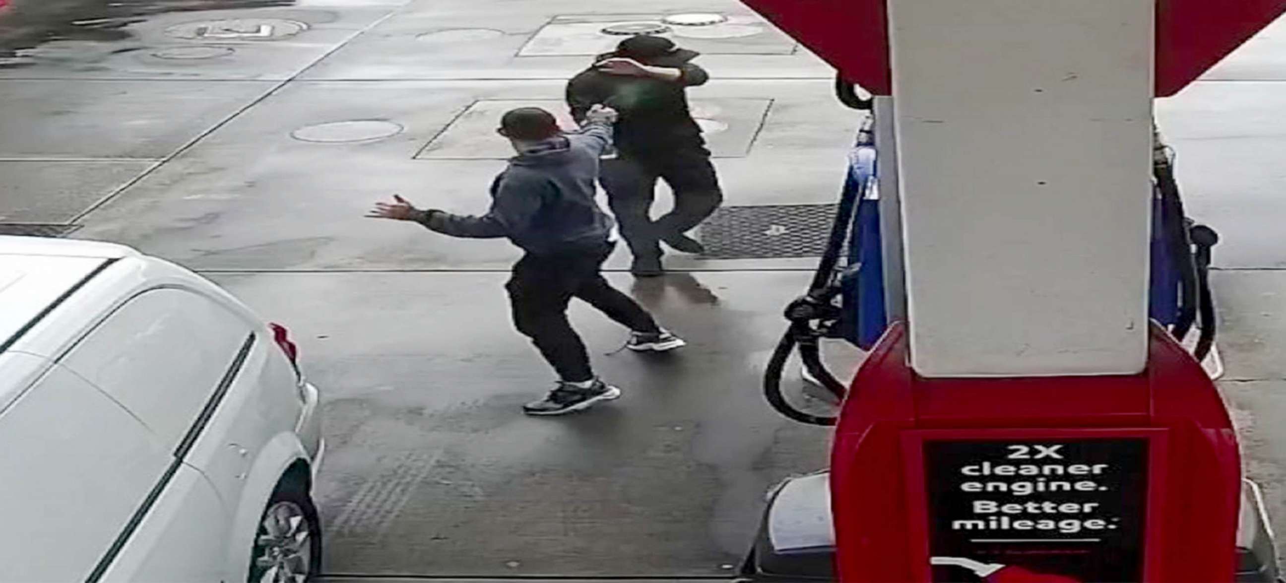 PHOTO: A man accused of attacking a man of Asian descent with a sprayed substance at a gas station in Oakland, Calif. is seen in a combination of stills from surveillance video.