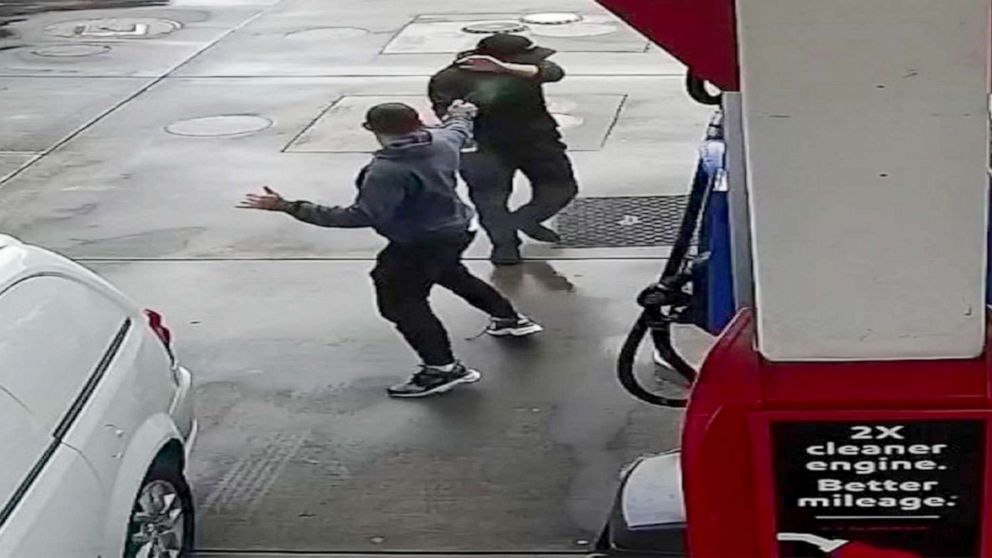 PHOTO: A man accused of attacking a man of Asian descent with a sprayed substance at a gas station in Oakland, Calif. is seen in a combination of stills from surveillance video.