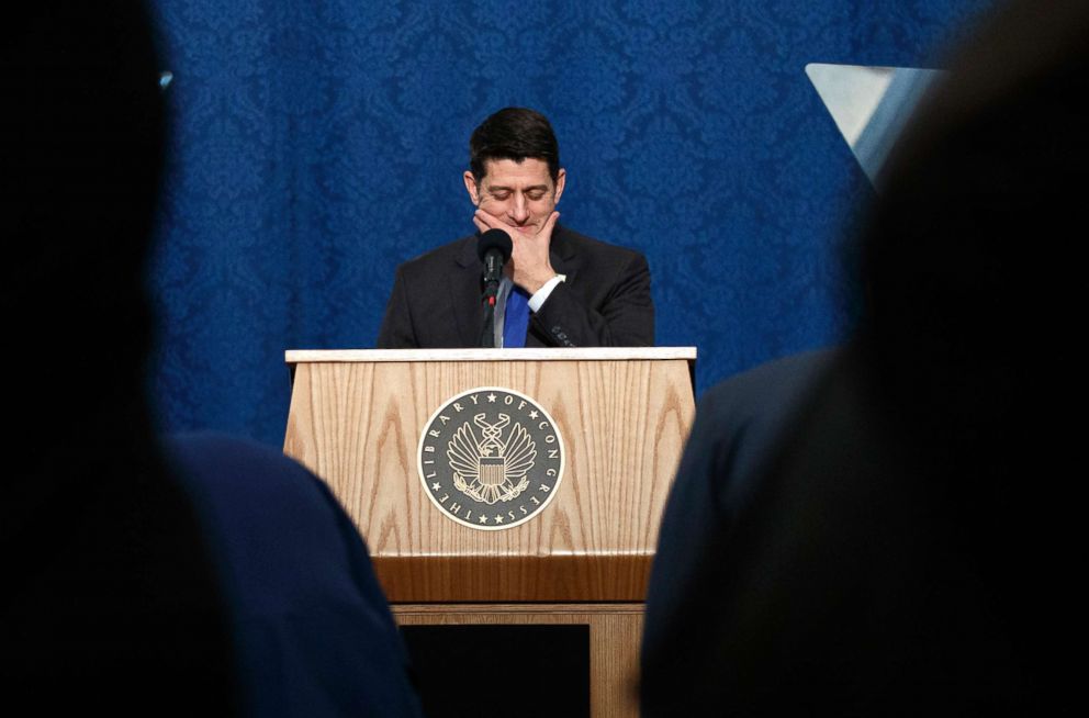PHOTO: House Speaker Paul Ryan pauses as he gives his farewell speech in the Great Hall of the Library of Congress in Washington, Dec. 19, 2018.
