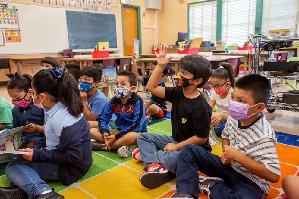 PHOTO: Students sit in a Normont Elementary classroom in Los Angeles on Aug. 16, 2021.