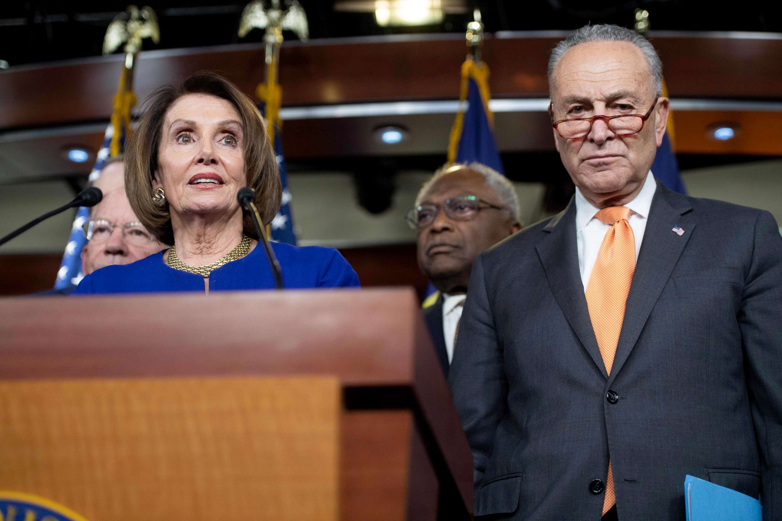 PHOTO: Speaker of the House Nancy Pelosi and Senate Democratic Leader Chuck Schumer hold a press conference on Capitol Hill in Washington, DC, May 22, 2019, following a meeting with US President Donald Trump at the White House.