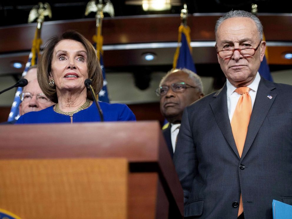 PHOTO: Speaker of the House Nancy Pelosi and Senate Democratic Leader Chuck Schumer hold a press conference on Capitol Hill in Washington, DC, May 22, 2019, following a meeting with US President Donald Trump at the White House.