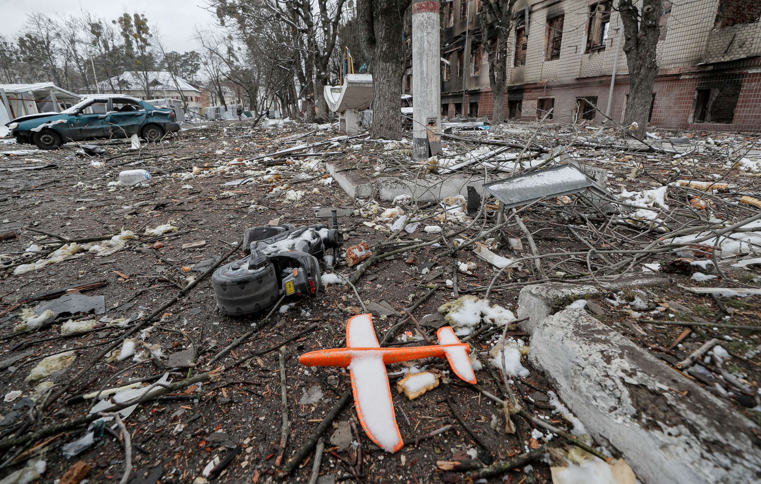 PHOTO: A toy plane sits among the rubble in the aftermath of an overnight shelling on Ukrainian military facilities in Brovary near Kyiv, Ukraine, March 1, 2022. 