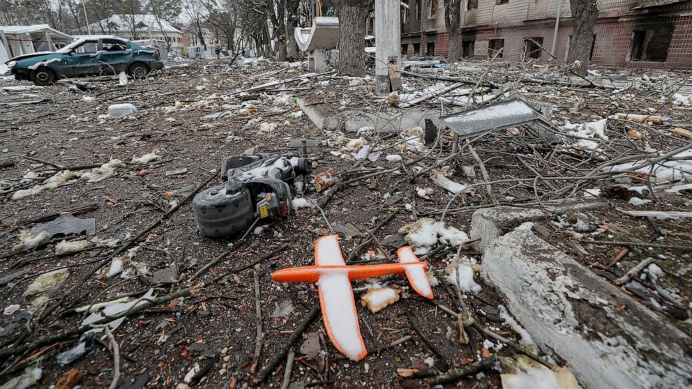 PHOTO: A toy plane sits among the rubble in the aftermath of an overnight shelling on Ukrainian military facilities in Brovary near Kyiv, Ukraine, March 1, 2022.
