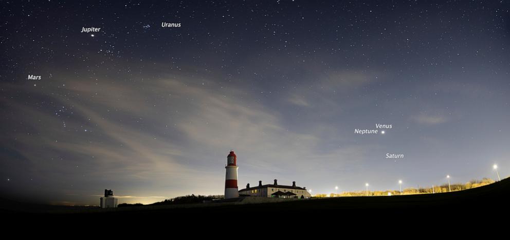 PHOTO: The parade of planets is seen above Souter Lighthouse in Whitburn, United Kingdom, Jan. 29, 2025.