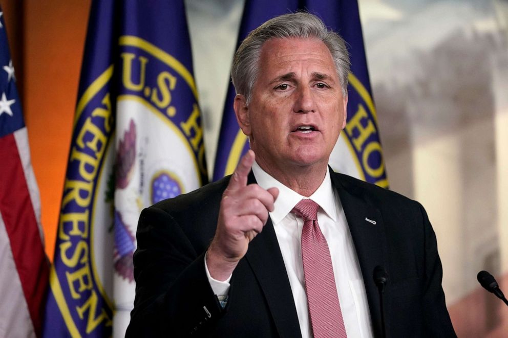 PHOTO: House Minority Leader Kevin McCarthy of Calif., speaks during a news conference on Capitol Hill in Washington, Jan. 21, 2021. 