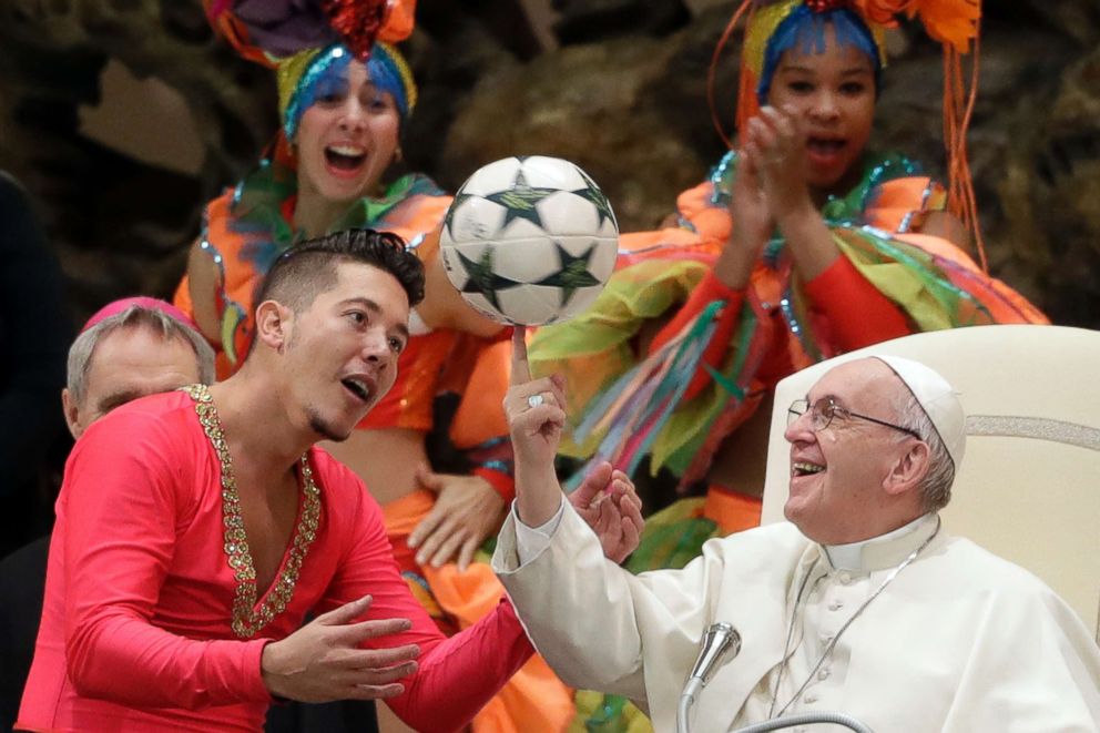 PHOTO: Pope Francis twirls a soccer ball he was presented by a member of the Circus of Cuba, during his weekly general audience in the Pope Paul VI hall, at the Vatican, Jan. 2, 2019. 