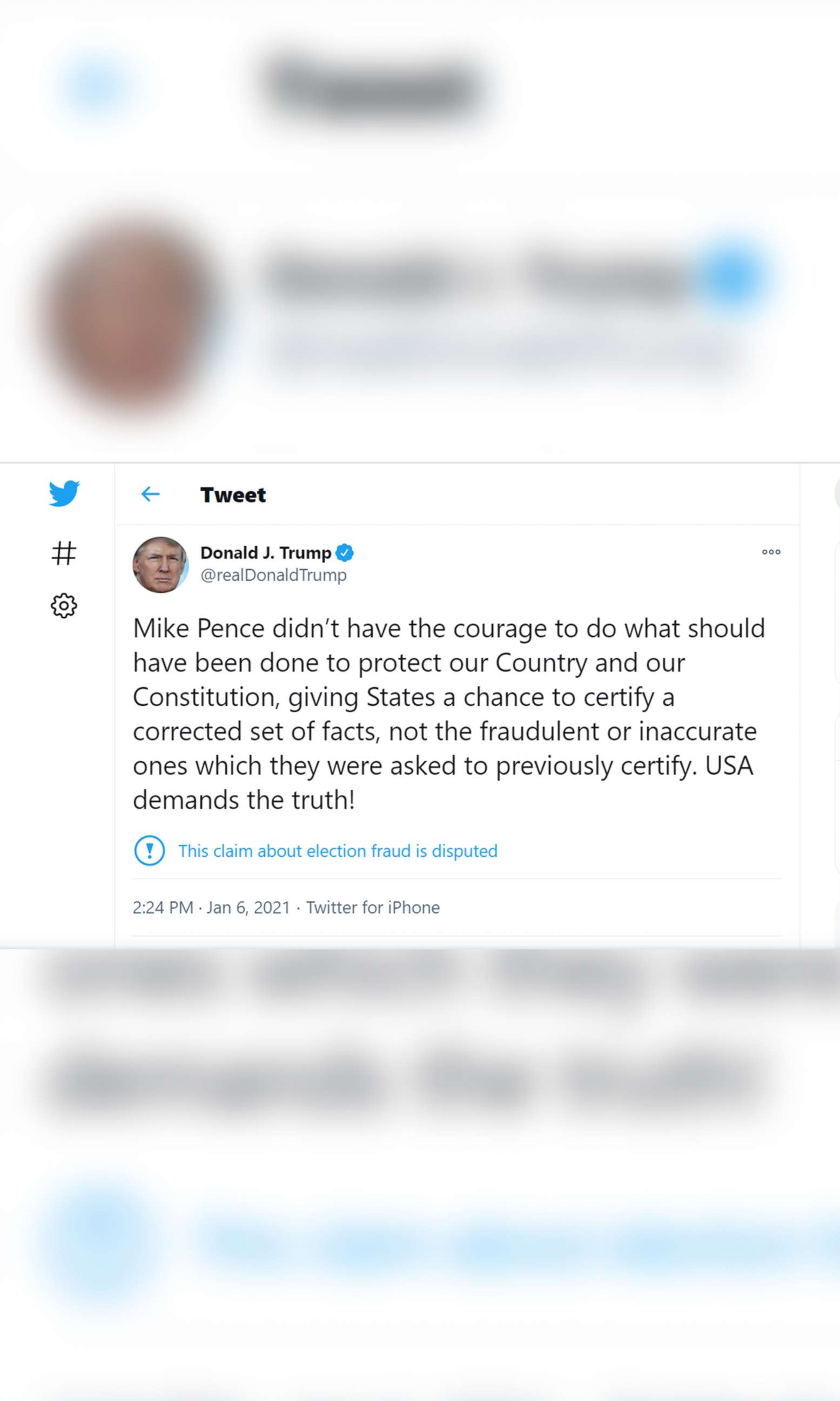 PHOTO: Tweet from the Twitter account of President Donald Trump posted on the afternoon of Jan. 6, 2021 as members of Congress convened to debate the certification of the election and crowds of protesters gathered in Washington.