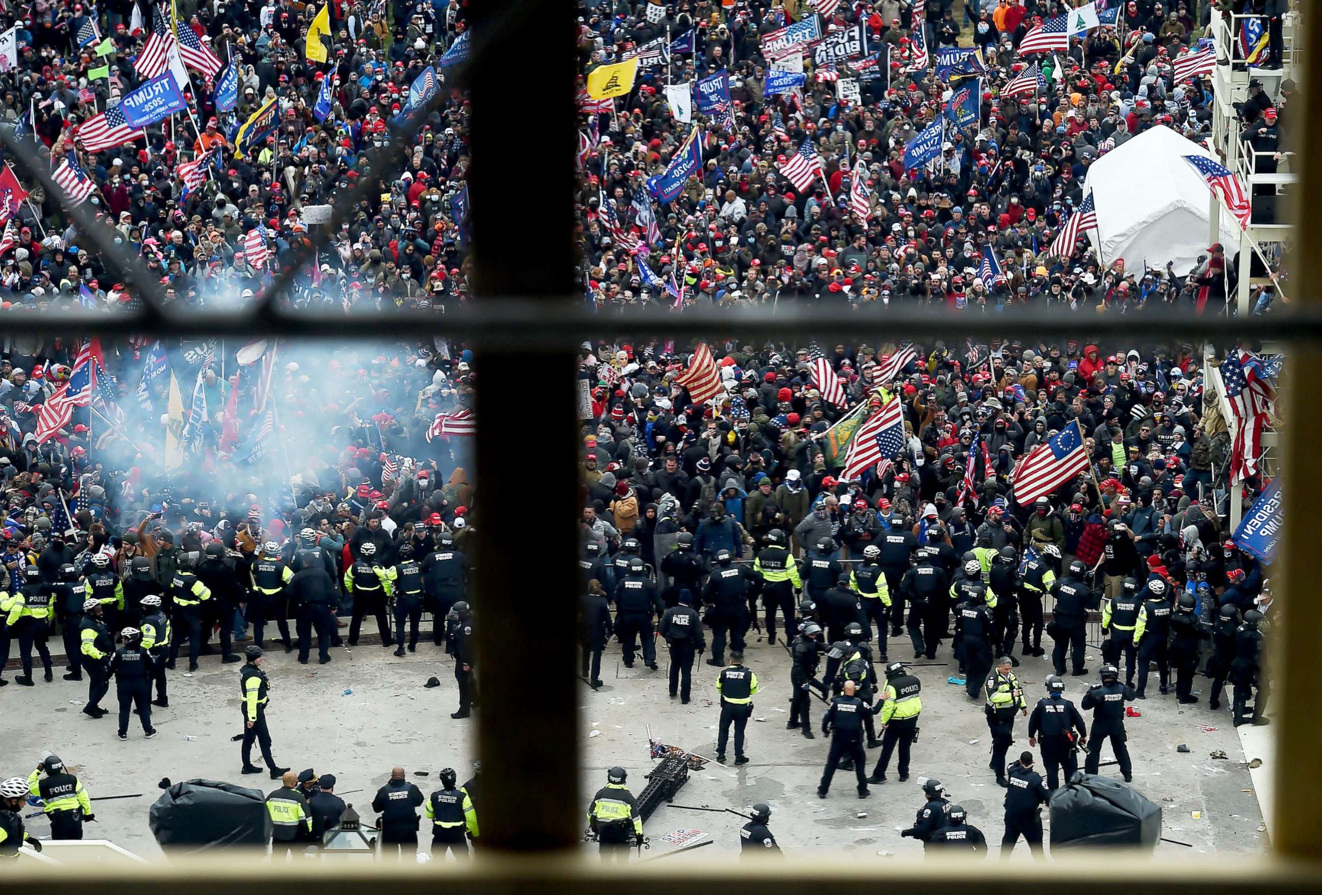 PHOTO: Police hold back supporters of President Donald Trump as they gather outside the U.S. Capitol's Rotunda on Jan. 6, 2021, in Washington, D.C.